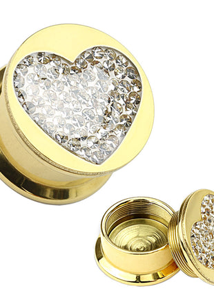 Ear Tunnel Plug Gold Plated Heart Crystal Inlay 