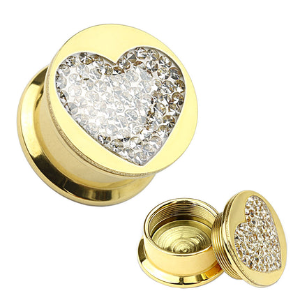 Ohr Tunnel Plug Gold vergoldet Herz Kristall Inlay