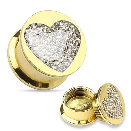 Ohr Tunnel Plug Gold plattiert Herz Kristall Inlay