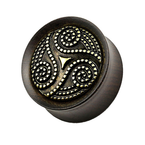 Ear Saddle Plug Ebony Black Tribal Triskelle Dotted 