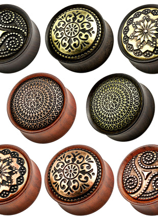 Ear Saddle Plug Rosewood Brown Antique Tribal Pattern 