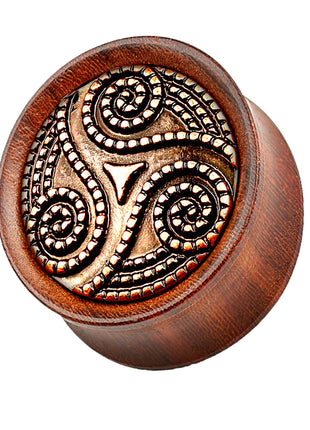 Ear Saddle Plug Rosewood Brown Tribal Triskelle Dotted 