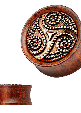 Ear Saddle Plug Rosewood Brown Tribal Triskelle Dotted 