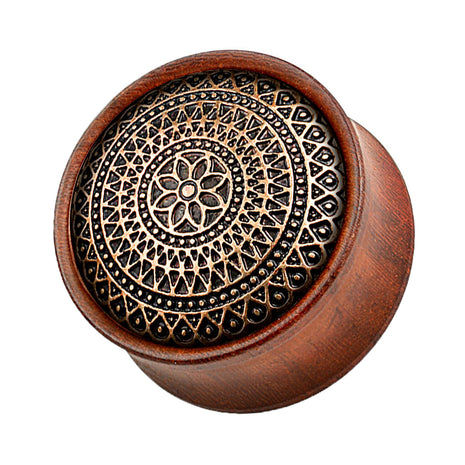 Ear Saddle Plug Rosewood Brown Grid Pattern Flower 