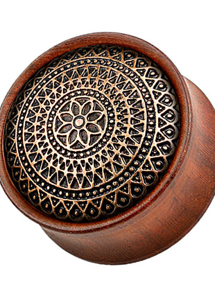 Ear Saddle Plug Rosewood Brown Grid Pattern Flower 