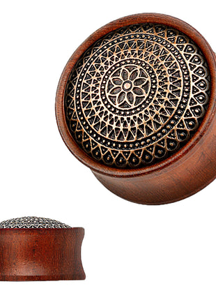 Ear Saddle Plug Rosewood Brown Grid Pattern Flower 