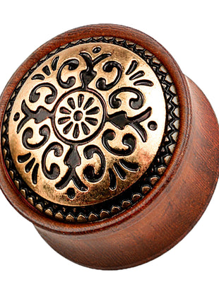 Ear Saddle Plug Rosewood Brown Antique Tribal Pattern 