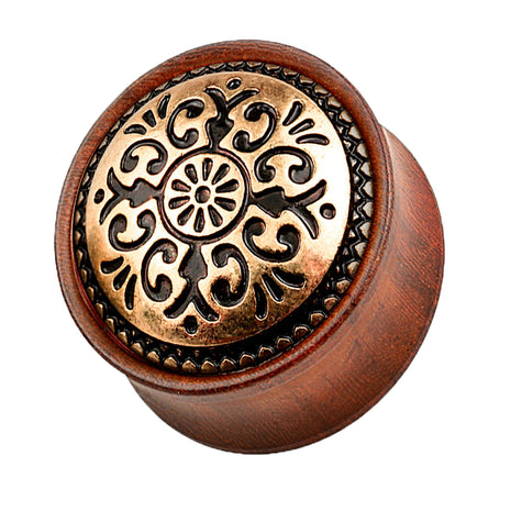 Ear Saddle Plug Rosewood Brown Antique Tribal Pattern 