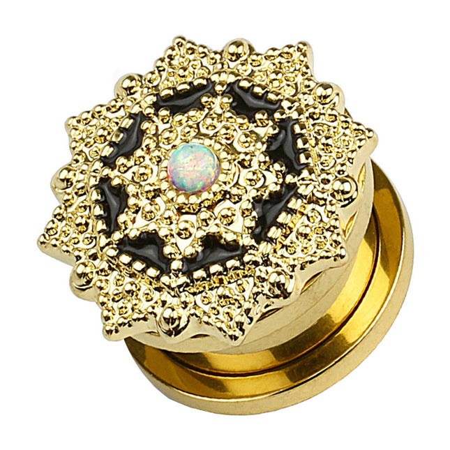 Flesh Ohr Plug Vintage Tribal Blume Gold IP mit Opal