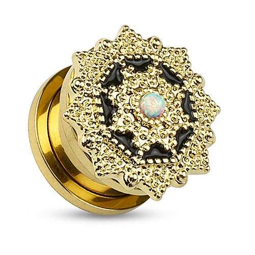 Flesh Ohr Plug Vintage Tribal Blume Gold IP mit Opal