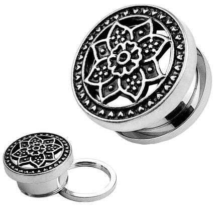 Ohr Plug Tunnel mit Lotusblüte aus Edelstahl Silber