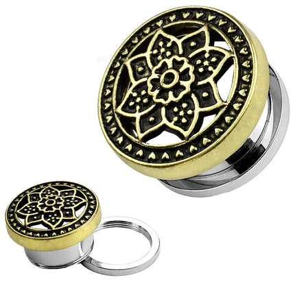 Ohr Plug Tunnel mit Lotusblüte aus Edelstahl Gold IP