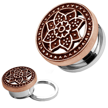 Ohr Plug Tunnel mit Lotusblüte aus Edelstahl Bronze IP