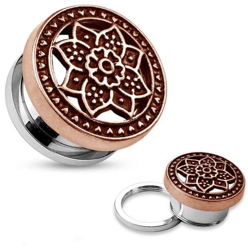 Ohr Plug Tunnel mit Lotusblüte aus Edelstahl Bronze IP