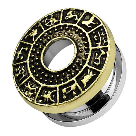 Ear Plug Tunnel with Zodiac Signs Made of Stainless Steel Gold IP 