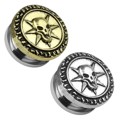 Ear Tunnel Plug Vintage Style Skull over Star Stainless Steel Silver 