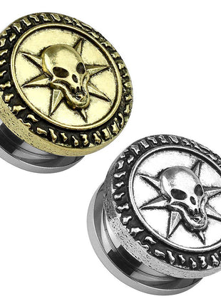 Ear Tunnel Plug Vintage Style Skull over Star Stainless Steel Silver 