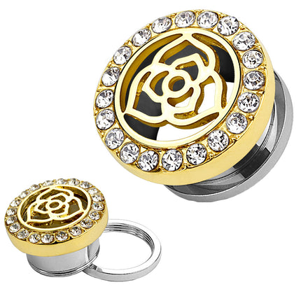 Ohr Plug Tunnel Vintage Rose Edelstahl vergoldet mit Kristallen