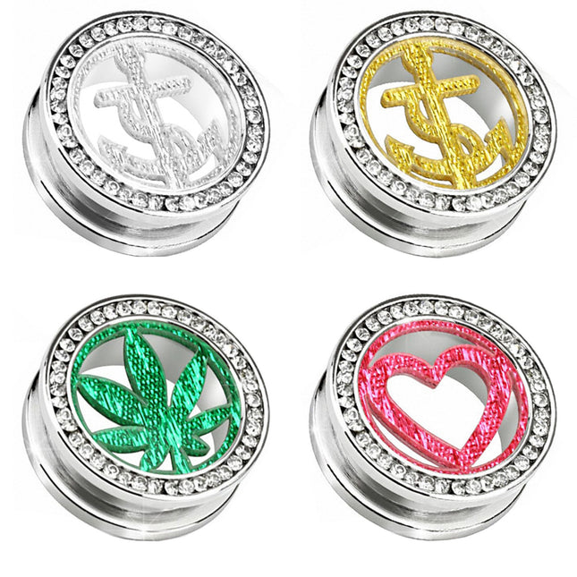 Flesh Schraub Tunnel Kristall Glitter Hanfblatt Inlay