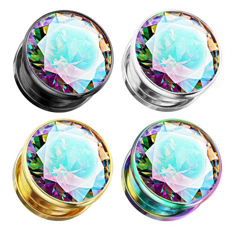 Ear Plug Flesh Tunnel Piercing with large set Rainbow Zirconia Crystal 