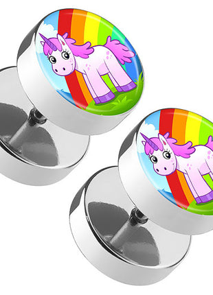 1 Paar Picture Ohr Fake Plug Motiv Einhorn mit Regenbogen Comic