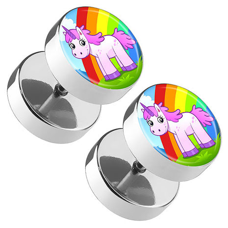 1 Paar Picture Ohr Fake Plug Motiv Einhorn mit Regenbogen Comic