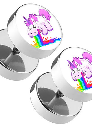 1 Paar Picture Ohr Fake Plug Motiv kotzendes Einhorn Comic