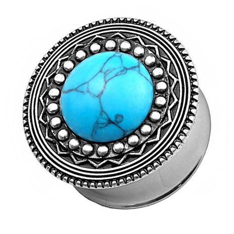 Ohr Tunnel Plug Antik Silber IP Tribal Schild Opal Türkis