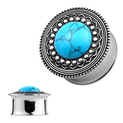 Ohr Tunnel Plug Antik Silber IP Tribal Schild Opal Türkis