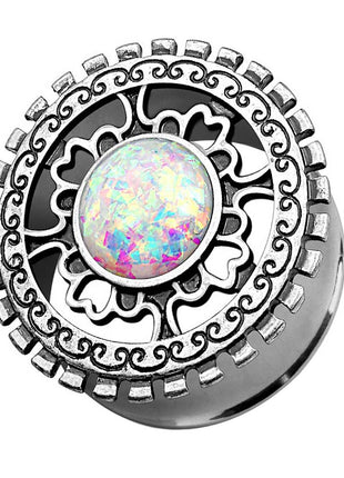 Ohr Tunnel Plug Antik Silber IP Tribal Ornament Opal Rainbow