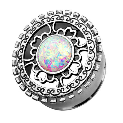 Ohr Tunnel Plug Antik Silber IP Tribal Ornament Opal Rainbow