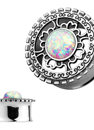 Ohr Tunnel Plug Antik Silber IP Tribal Ornament Opal Rainbow