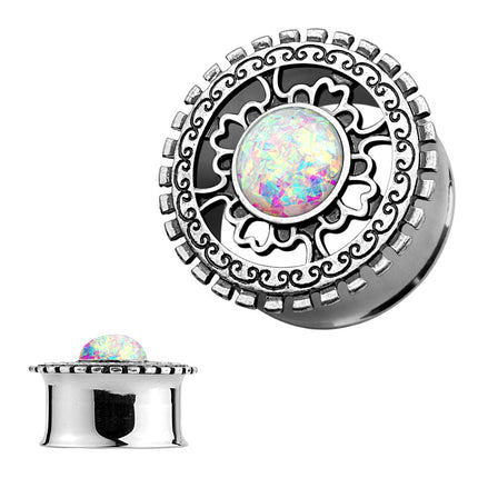 Ohr Tunnel Plug Antik Silber IP Tribal Ornament Opal Rainbow