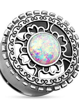 Ohr Tunnel Plug Antik Silber IP Tribal Ornament Opal Rainbow