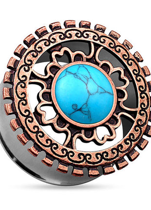 Ohr Tunnel Plug Antik Bronze IP Tribal Ornament Opal Türkis