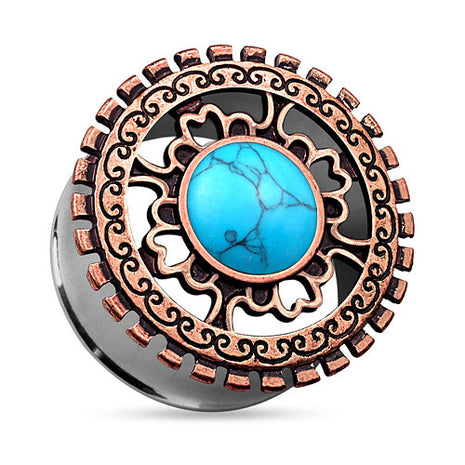 Ohr Tunnel Plug Antik Bronze IP Tribal Ornament Opal Türkis