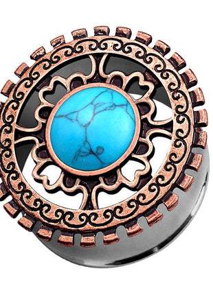 Ohr Tunnel Plug Antik Bronze IP Tribal Ornament Opal Türkis