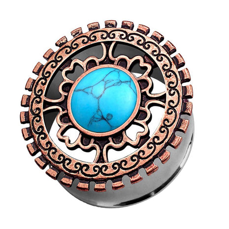 Ear Tunnel Plug Antique Bronze IP Tribal Ornament Opal Turquoise 