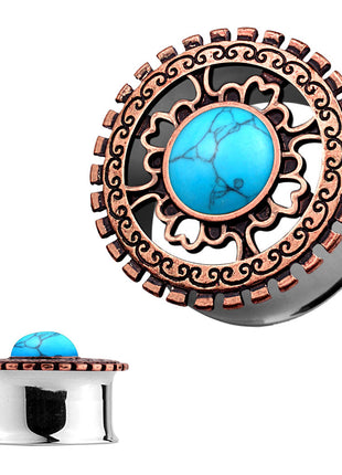 Ohr Tunnel Plug Antik Bronze IP Tribal Ornament Opal Türkis