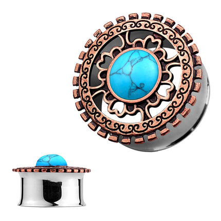 Ohr Tunnel Plug Antik Bronze IP Tribal Ornament Opal Türkis