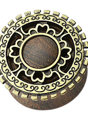 Flesh Ear Wood Plug Tunnel Antique Old Gold Tribal Aztec Shield 