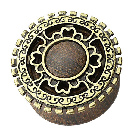 Flesh Ear Wood Plug Tunnel Antique Old Gold Tribal Aztec Shield 