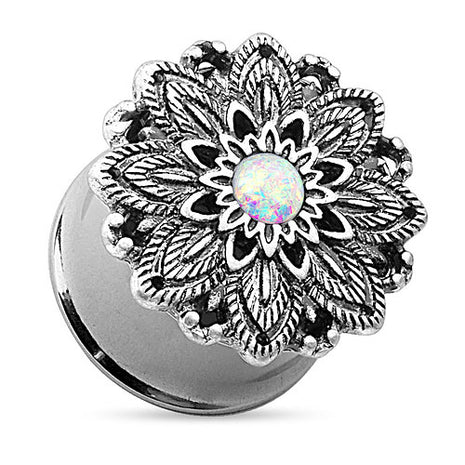 Ohr Plug Tunnel Edelstahl Silber IP mit Lotus Blume und Opal