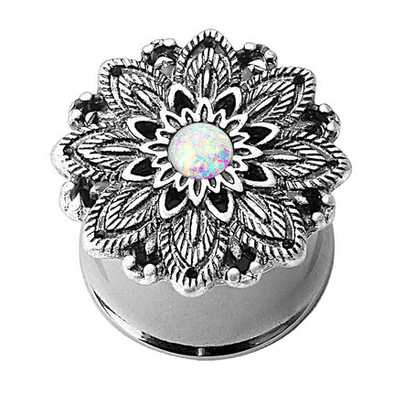 Ohr Plug Tunnel Edelstahl Silber IP mit Lotus Blume und Opal