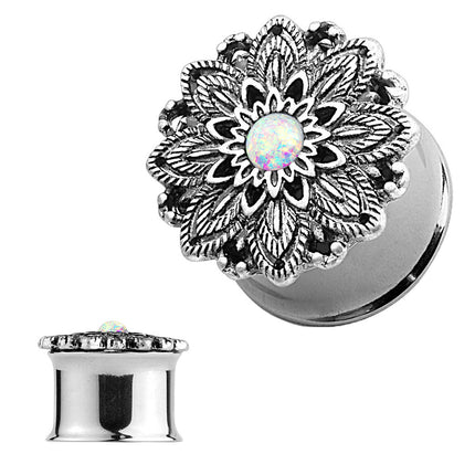 Ohr Plug Tunnel Edelstahl Silber IP mit Lotus Blume und Opal