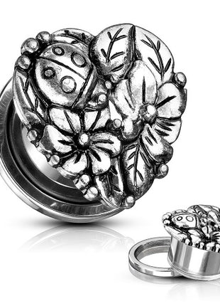 Ear Tunnel Motif Plug Stainless Steel Heart with Flowers and Ladybug 