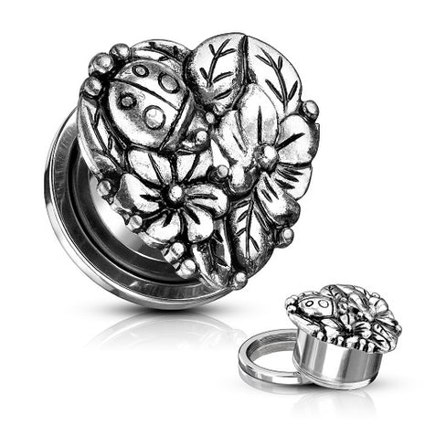 Ear Tunnel Motif Plug Stainless Steel Heart with Flowers and Ladybug 