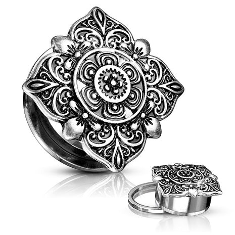 Ear Tunnel Motif Vintage Plug Stainless Steel Square with Tribal Flowers 