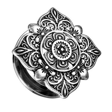 Ohr Tunnel Motiv Vintage Plug Edelstahl Quadrat mit Tribal Blumen