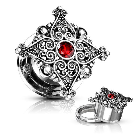 Ear Tunnel Motif Plug Stainless Steel Tribal Hearts Filigree Red Crystal 